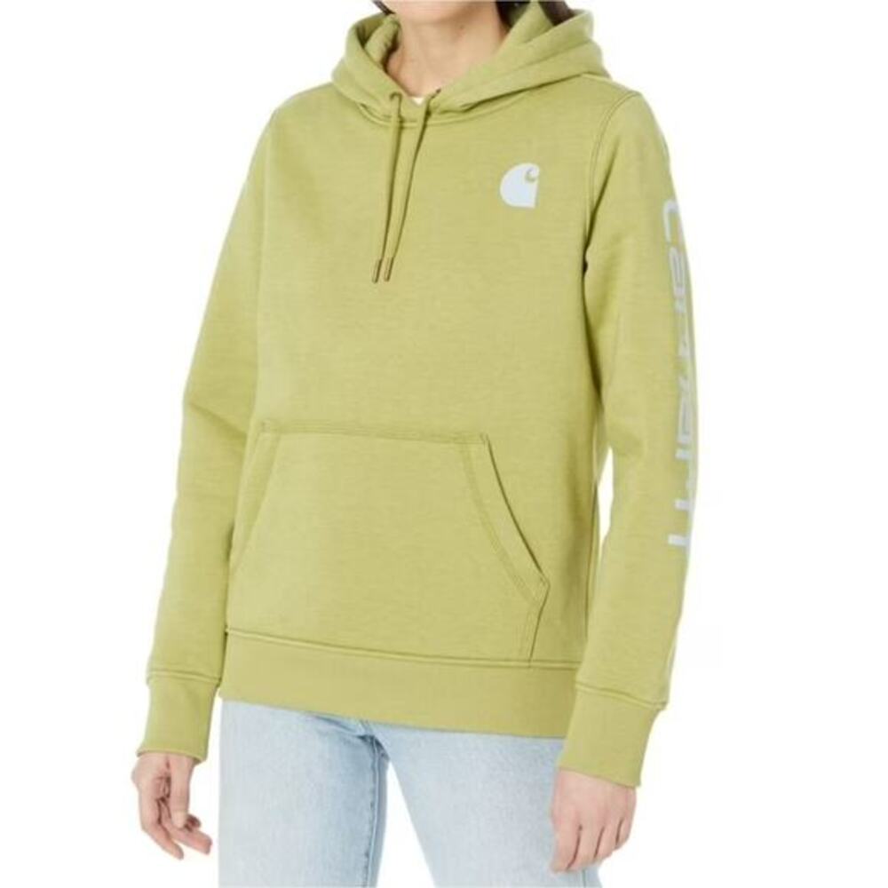 Carhartt Women's Hoodie Sweatshirt Pullover Green Logo Sleeve Casual Activewear